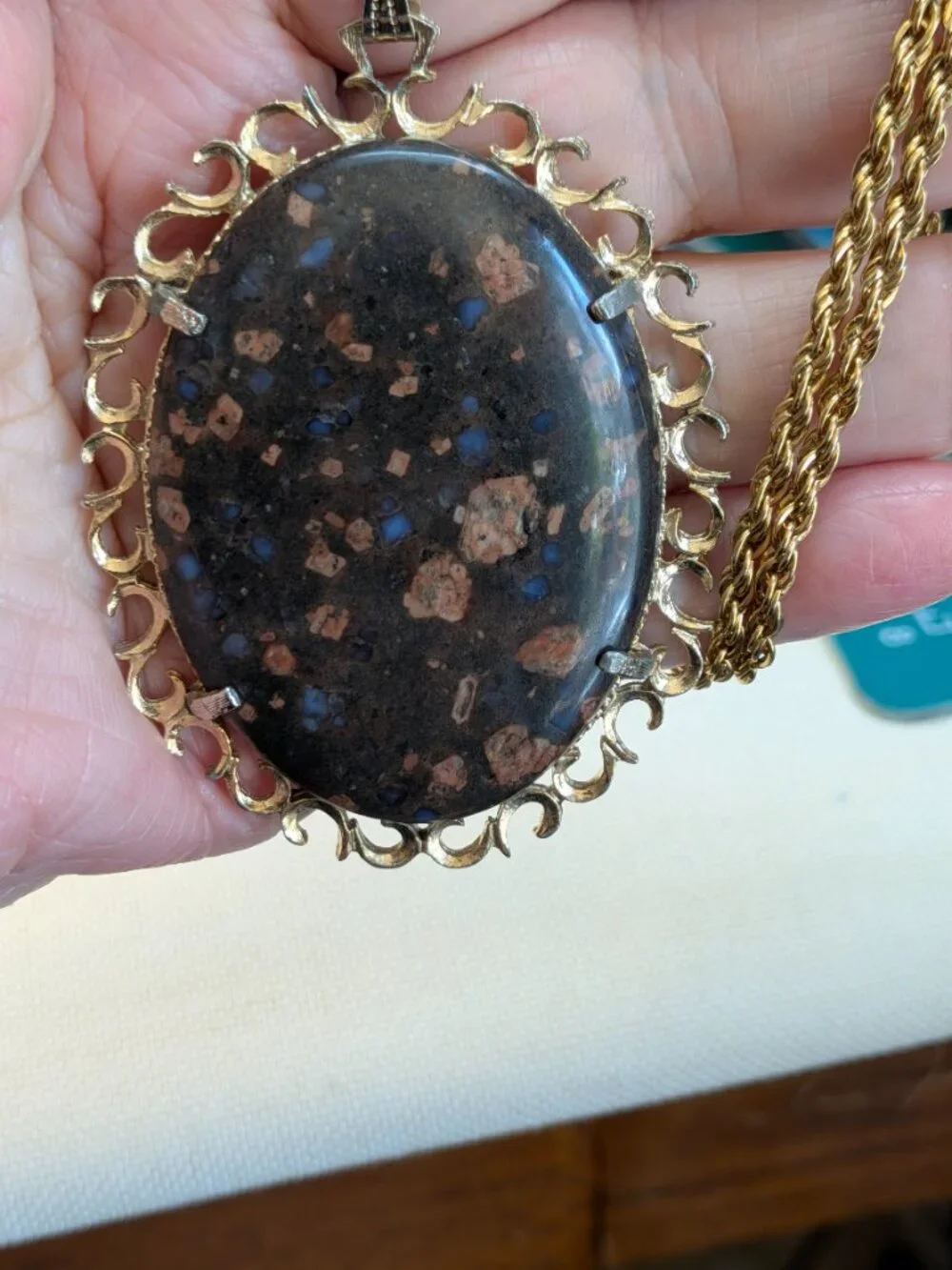 Gold‑Tone Rope Chain Necklace with Llanite Cabochon Pendant